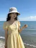 Sombrero para Mujer, Verano Algodón y Lino Transpirable Cuadros Ala Ancha Sombrero de Sol, Estilo Japonés Atado Sombrero de Protección Solar