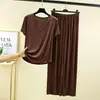 Conjunto de Calça e Blusa de Manga Curta em Modal Feminino Verão Novo Cor Sólida Solto Decote V Fino Roupa de Casa Conjunto de Duas Peças