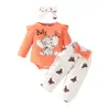Macacão de bebê europeu e americano de letras com manga comprida e formato triangular, calça com laço, top para primavera e outono, calça de borboleta e elefante