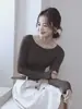 Top base de modal para otoño e invierno, de hombros descubiertos, para mujer, camiseta de manga larga ajustada, top base blanco de estilo simple