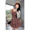 Talla Grande Gordo mm Moda Femenina Retro Cuadros Falda Pastel Conjunto de Dos Piezas + Traje Cárdigan
