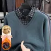Suéter para Hombre con Forro Polar, Grueso y Cálido, Cuello Camisero, Para mediana edad y mayores, Falso dos piezas, Ropa de Papá, Prenda de Invierno
