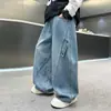 Pantalones de Mezclilla de Trabajo para Niños de Primavera y Otoño para Niños Medianos y Grandes Pantalones de Pierna Ancha Pantalones Sueltos de Patchwork para Niños Pantalones Largos Rectos Guapos Tendencia