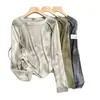 Camiseta Tie-Dye Manga Longa Solta Emagrecedora para Mulheres, Design Irregular, Nova Tendência Estilo Coreano Primavera e Outono 2025 Top com Cordão