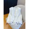 Colete branco de design avançado, estilo nicho "old money", para mulheres, regata de renda sem mangas de abotoamento simples para usar em camadas no verão