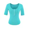Camiseta Henley de Manga Média Estilo Retrô Americano para Mulheres, Novo Modelo Verão 2026, Gola Henley Meio Aberta com Botões, Top Base Slim Fit