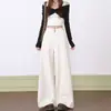 Pantalones de pierna ancha de cintura alta en gris cemento desgastado para mujer, estilo otoño, holgados y adelgazantes, adecuados para figuras petite, con un diseño relajado y fluido hasta el suelo