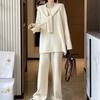 Estilo Moda Coreana Preguiçoso Chique Conjunto de Três Peças de Tricô com Xale Pulôver para Mulheres Primavera 2026 Conjunto de Calças de Pernas Largas que Rejuvenesce