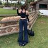 Calça Jeans Flare Baixa Azul Escuro de Botão Duplo para Mulheres no Outono, Elástica, Pernas Não Grudam, Efeito Emagrecedor, Calça Flare Versátil de Comprimento Total
