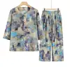 Pijama de algodão e seda da mamãe, roupa caseira de algodão artificial para o verão, cardigã para mulheres de meia-idade e idosas, conjunto de algodão e seda de manga três quartos