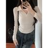 Sesión de Fotos Reales de Comercio Exterior Camisa POLO de Cuello V Camiseta de Manga Larga para Mujer Primavera y Otoño Ajustada Coreana Camiseta Base Interior Corta