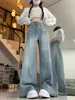 Jeans Americanos de Pierna Ancha Color Gris Cemento para Mujer Otoño e Invierno 2024 Forrados de Polar Sueltos de Cintura Alta Sueltos Adelgazantes talla extra Hasta el Suelo