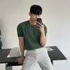 Camiseta de Estilo Americano con Escote Pequeño para Hombres Musculosos, Camisa de Punto Elástica Ajustada con Cintura Ajustable de Manga Corta, Camisa Fresca de Hilo de Seda, Camiseta de Manga Ajustada