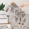 Camisa de Cor Pura para Meninos Terno de Três Peças 2025 Nova Roupa de Verão com Manga Curta para Crianças Camisa de Verão para Bebê Roupa para Crianças