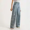 Jeans Bordados de Pierna Ancha Recta Tejido Mágico Estilo Retro Europeo y Americano 2026 para Mujer Corte Delgado Casual Elástico Temu
