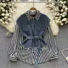2023 Manga Longa Falso Duas Peças Top Feminino Amarração na Cintura Solto Mais Fácil de Combinar Jeans Patchwork Camisa Listrada Estilo Literário