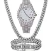 Reloj de Cuarzo de Moda Cuadrado con Diamantes Completos Patrón Romano Escala Traje 3 Piezas/Set