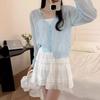 Xale Vestido de Verão Manga Comprida Malha Protetor Solar Cardigan Casaco Curto Saia Fina Feminina Decote em V Top
