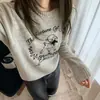 Coleção outono 2026 minimalista estilo coreano: suéter pullover de gola redonda, bordado fofo de cordeiro, laço, 100% lã para mulheres
