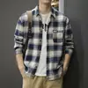 Marca Americana Moderna Retrô Algodão Escovado Camisa Masculina de Manga Longa Solta Tamanho Grande Primavera Outono Camisa de Algodão Xadrez Roupa Casual