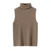 Estilo Novo Outono e Inverno 100% Caxemira Pura Tricô Camisa Básica Sem Mangas Gola Alta Listrada Feminina Slim Fit Versátil Top Interno
