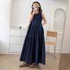 Estilo Japonés Simple Alisado Largo Cuello Redondo Sin Mangas Falda de Mezclilla Suelta Versátil Ajustado Costura Falda Pastel vestido