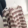Camiseta Listrada de Manga Longa de Algodão Bambu Macia e Confortável para Mulheres, Estilo Solto Fino de Primavera, Blusa Respirável com Gola Redonda para Estudantes