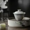 Cuenco con Tapa de Cerámica Mingzhenshanzhi con Patrón de Pez Loto Verde Antiguo, Cuenco de Cerámica con Tapa Pintado a Mano Estilo Antiguo con Loto y Carpa, Objeto de Erudito