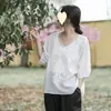 Verão Novo Bordado Ramie Versátil Moda Algodão Linho Camisa Top Retrô Feminino Solto Manga Curta Venda Direta Fábrica
