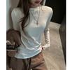 Camisa Básica Redonda de Outono e Inverno para Mulheres de Alta Qualidade em Tencel Lã Cor Pura T-shirt High-End Ombro Direito