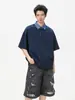 Roupas Masculinas Acu Estilo Americano Gola Lapela Manga Curta para Meninos Verão 2026 Camisa Polo com Gola em Jeans Contrastante, Solta, Casual e Versátil