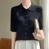 Cardigan de Punto Estilo Coreano Cuello Polo Color Sólido Hebilla Holgado Casual para Viajar Lana Peinada Primavera y Verano Delgado Media Manga Mujer