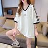 Camiseta Feminina Estilo Chinês Retrô Americano Três Listras Manga Curta, Verão 2025 Nova Solta Emagrecimento Casual Manga Média