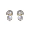 Pendientes de abanico de alta gama con sentido francés, totalmente de diamantes, pendientes de moda exquisitos de alta gama, pendientes de perlas gentiles y elegantes