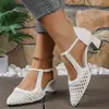 Novedad Primavera/Verano 2026 Estilo Extranjero Tejido Punta Fina Hueco Tacón Grueso Zuecos para Mujer Sandalias de Punta Cerrada para Mujer Transfronterizo