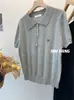 Estilo Coreano Solapa Pequeña Patrón de Cáñamo Bordado Lazo Manga Corta 5 Prendas de Punto de Lana Jersey Tejido Fino