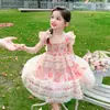 Vestido para Meninas 2026 Novo Estilo Versão Coreana Infantil Moda Pequena Menina Estampa Quente Flor Rosa Vestido Princesa Roupas de Verão para Crianças Pequenas
