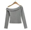 2590-26 Nuevo Estilo de Principios de Primavera Chica Caliente Americana Estilo Deseo Puro Manga Larga con Puño Hombro Asimétrico Camiseta Básica Sencilla de Corte Ajustado