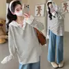 Sudadera de maternidad, nuevo estilo de otoño, empalme de encaje, sudadera con capucha de manga larga a rayas blancas y negras, camiseta holgada extragrande