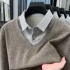 Camisa de Tricô Masculina Dois em Um Estilo Old Money Outono 2026 Nova Camisa Casual Masculina com Gola Imitação de Caxemira