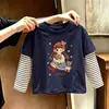 Blusa listrada de algodão puro para meninas, um novo estilo primavera/outono, disponível nos tamanhos médio e grande, camiseta de manga comprida para crianças, camiseta de bebê da moda