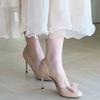 Saltos Altos Vazados Laterais Nude para Mulheres com Laço, Saltos Stiletto Doce Francês, Novo Estilo com Saia