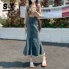 Falda Vaquera Vintage para Mujer 2025 Nueva Primavera y Verano Cintura Alta Holgada Ajustada Cola de Pez Longitud Media para Hombres Bajos
