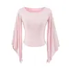 Camiseta de Verano 2026 Estilo Nuevo con Cuello de Una Línea para Mujer, Amigable con la Piel, Transpirable, Corte Holgado, Adelgazante, Estilo Corto, Top de Manga de Campana Grande para Mujer