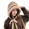 Chapéu de Tricô Estilo Fair Isle Coreano para Mulheres, Chapéu de Lã Quente à Prova de Vento para Outono/Inverno, Faz o Rosto Parecer Menor, Chapéu com Amarração para a Cabeça