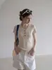 Camiseta de punto de lino de manga corta con cuello en V, estilo vintage old money para mujer, súper elegante, estiliza y chic para el verano