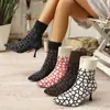 Estilo Nuevo Otoño e Invierno Europeo y Americano Tejido Media Pantorrilla Lana Tacones de Aguja Punta Afilada Botas Elásticas Venta al por Mayor Talla Grande Transfronterizo