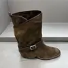 Estilo Coreano Nova Chegada Estilo Retro de Nicho Fivela de Couro Fosco Botas de Cano Médio Femininas Outono Versátil Bico Redondo Salto Baixo Botas de Moda Femininas