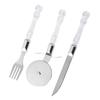 Cuchillo y tenedor de acero inoxidable rodillo para pizza juego de cuatro piezas espátula empaque en blíster de un solo lado mango de cristal besador herramientas para hornear