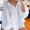 Novedad Primavera y Verano 2026 Algodón y Lino Mangas Abullonadas Moda Casual Traje Cuello en V Corbata Volante Holgado Cómodo Estilo Europeo y Americano